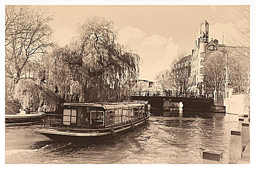 船,运河,阿姆斯特丹,老,风格,图像