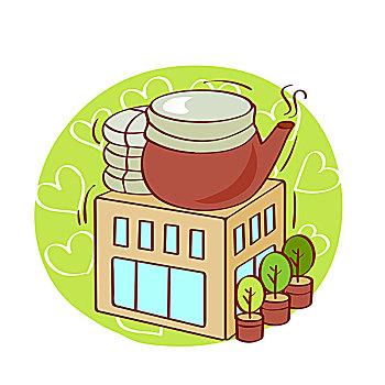 插画,茶壶,建筑