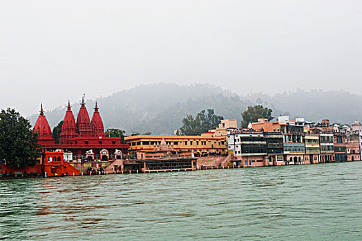 建筑,庙宇,水岸,恒河,北阿坎德邦,印度