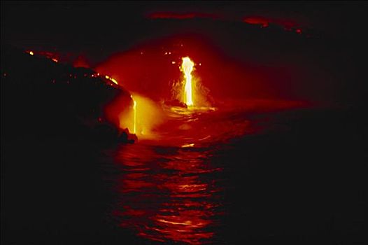 夏威夷,夏威夷大岛,夏威夷火山国家公园,熔岩流,海洋,夜晚,鲜明,红色,火山岩,反射