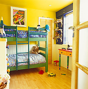 床,亮黄色,孩子,卧室
