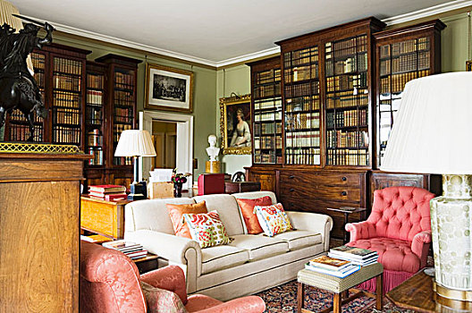 软垫,椅子,沙发,正面,传统,书架,图书馆,英国,郊区住宅