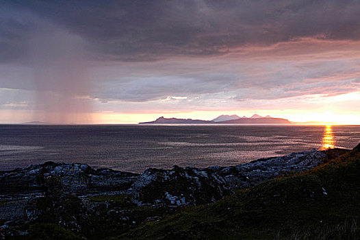 暴风雨,上方,岛屿,粪肥,日落,西部,海岸,苏格兰