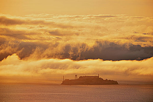 恶魔岛,旧金山,上方,太平洋,日出,雾