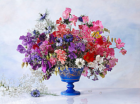 彩色,春之花束,蓝色,花瓶,逆光,斑驳,墙壁