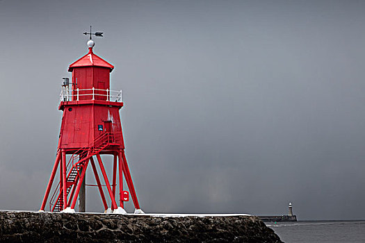 红色,灯塔,雷雨天气,海岸,南,泰恩-威尔,英格兰