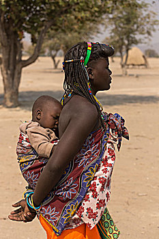 非洲,纳米比亚,孩子,母亲,背影,辛巴族,乡村,靠近,人