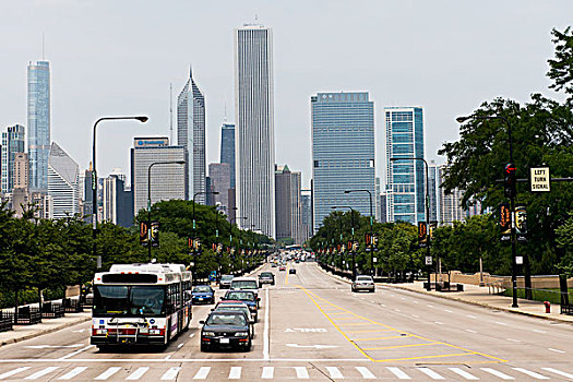 交通,忙碌,道路,摩天大楼,背景,芝加哥,伊利诺斯,美国