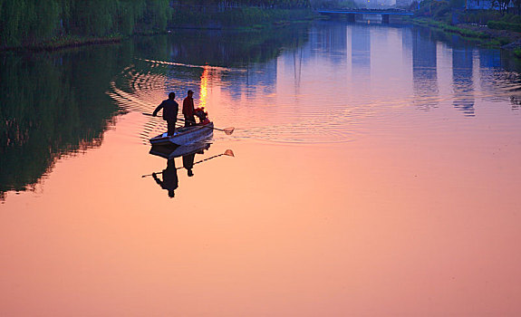 宁波,北斗河,城市,夕阳,小区,楼房,水面