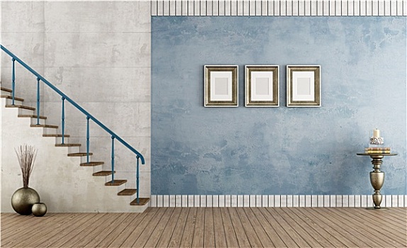 蓝色,旧式,房间,楼梯