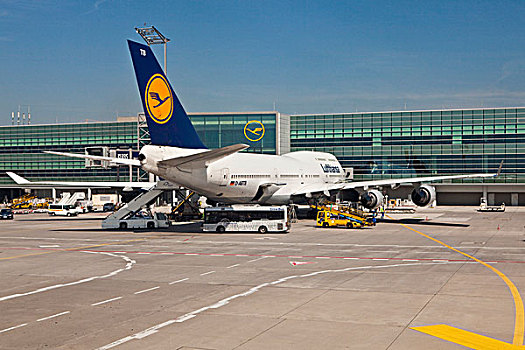 汉莎航空公司,波音,波音747,站立,法兰克福,机场,黑森州,德国,欧洲