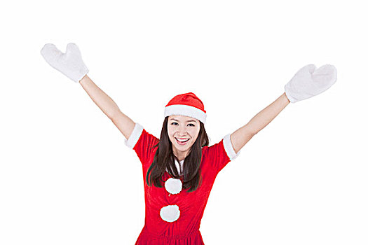 戴着圣诞帽的青年女子高举双臂