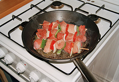 肉,蔬菜,烤肉串,烹调,煎锅