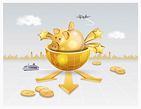 插畫,豬,室內,金色,球體