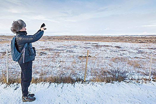 成年,女人,照相,积雪,地点,冰岛