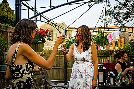 两个女人,花园派对,拿着,葡萄酒杯,制作,干杯