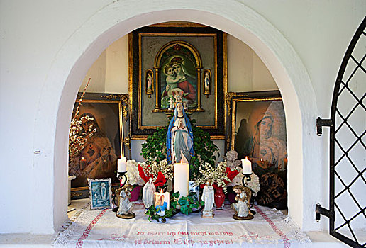 圣坛,雕塑,路边,小教堂,月亮湖地区,萨尔茨卡莫古特,上奥地利州,奥地利,欧洲