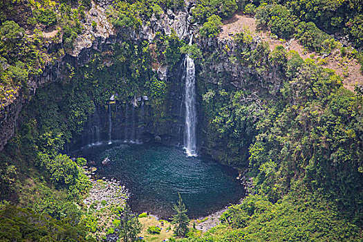 俯拍,雨林,瀑布,圆形,湖,留尼汪岛