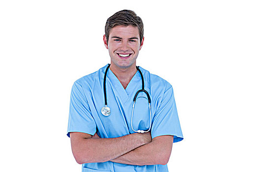 年轻,医护人员,蓝色,长套衫,双臂交叉,白色背景