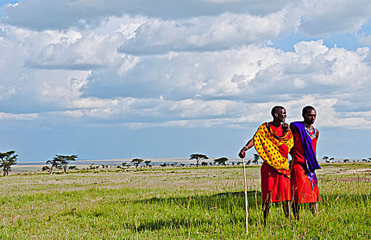 肯尼亚,马赛马拉,自然保护区,留白,两个,马萨伊勇士,云,麦赛-玛拉国家公园