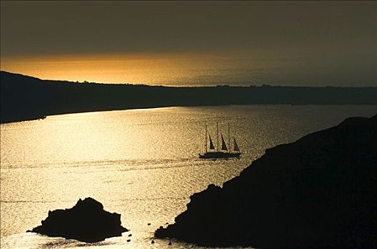 帆船,日落,锡拉岛,基克拉迪群岛,爱琴海,希腊