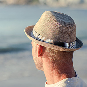 放松,男人,帽子,海滩,看,海洋