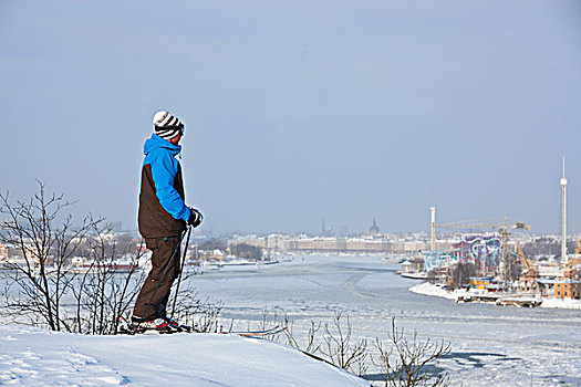 孤单,滑雪者,看,风景