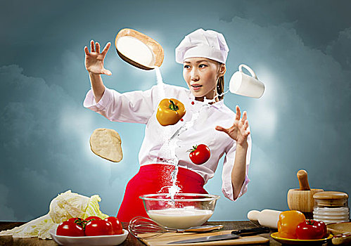 亚洲女性,烹调,魔幻,彩色背景