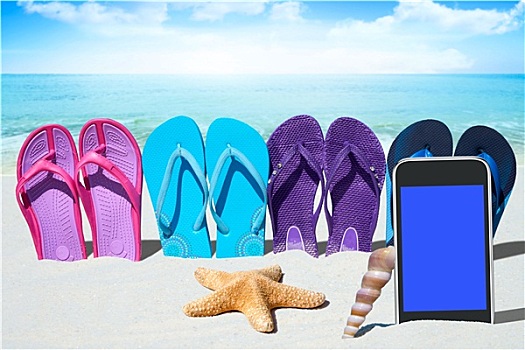 智能手机,展示,人字拖鞋,海岸
