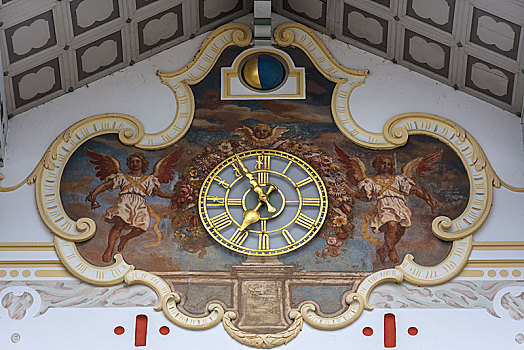 钟表,市政厅,框架,壁画,坏,上巴伐利亚,德国,欧洲