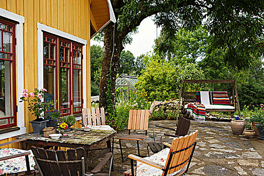 庭院家具,晃动,椅子,天然石,内庭,正面,黄色,木质,木屋