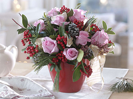 小,圣诞节,花束,粉色,玫瑰,茵芋属