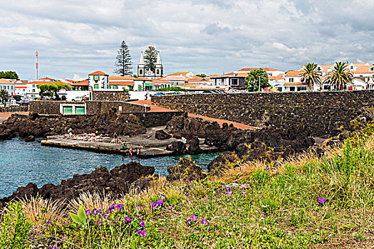 火山岩,石头,港口,正面,圣玛丽亚教堂,皮库岛,亚速尔群岛,葡萄牙
