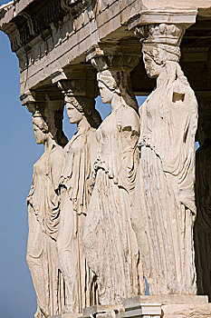 雅典卫城,雅典,伊瑞克提翁神庙,门廊,女像柱,特写,展示,四个