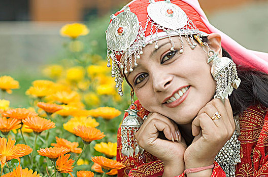 女人,肖像,微笑,查谟-克什米尔邦,印度