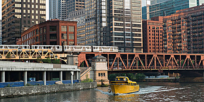 黄色,船,河,桥,地铁,建筑,背景,芝加哥,伊利诺斯,美国