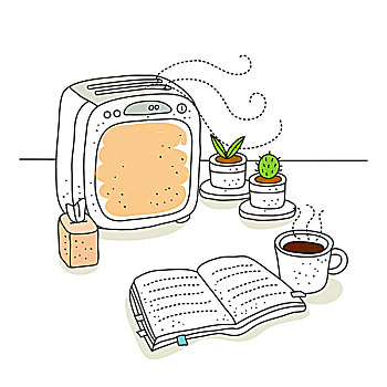 插画,烤面包机,书本,前景