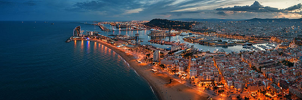 海岸,航拍,巴塞罗那,夜晚,西班牙