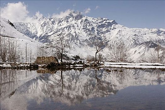 雪山,反射,湖,靠近,遥远,山村,流行,小路,尼泊尔,亚洲