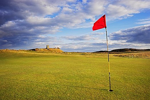 红色,旗帜,高尔夫球场,诺森伯兰郡,英格兰,英国