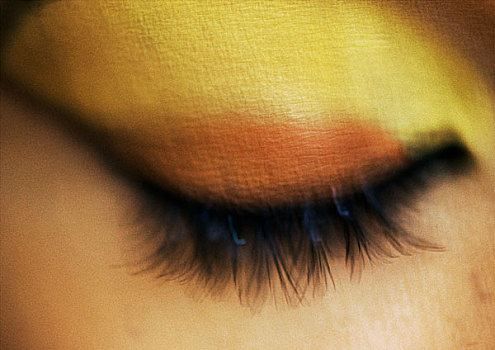 女人,闭眼,黄色,橙色,眼影,局部,特写,模糊
