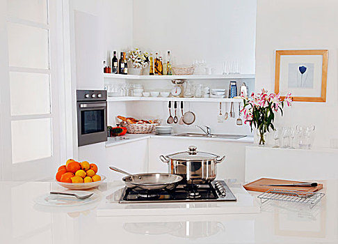 现代,白色,厨房,煤气灶,多样,炊具