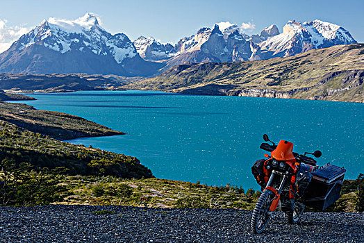摩托车,碎石路,后面,山,多,山脉,区域,麦哲伦省,智利