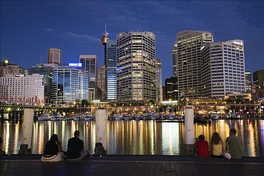 澳大利亚,新南威尔士,悉尼,游人,水岸,达令港,看,城市,天际线