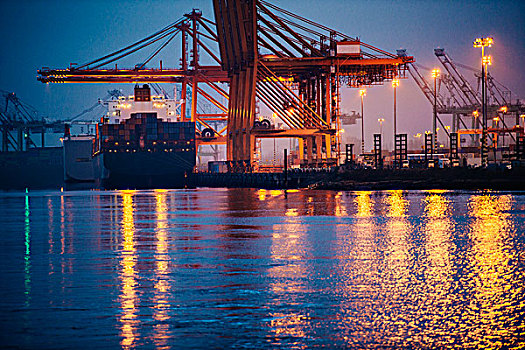 风景,货船,起重机,港口,夜晚,塔科马,华盛顿,美国