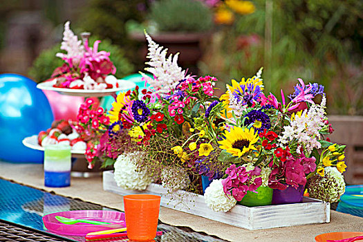彩色,广口容器,夏天,花园,花,装饰,桌子