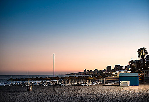 太阳椅,海滩,日落,芬吉罗拉,西班牙