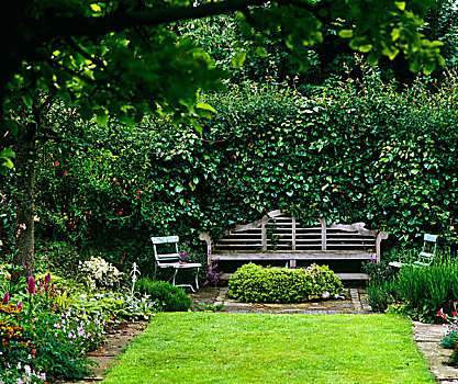 小,草地,长椅,一对,花园椅