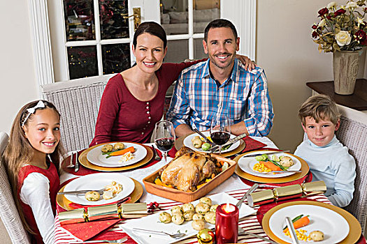 微笑,家庭,看镜头,圣诞晚餐