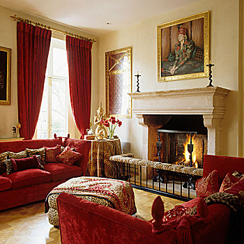 两个,红色,沙发,土耳其,正面,经典,壁炉